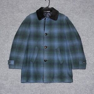 VTG Pendleton Coat Mens L Blue Green Plaid Wool Blend Fur Collar Button Front